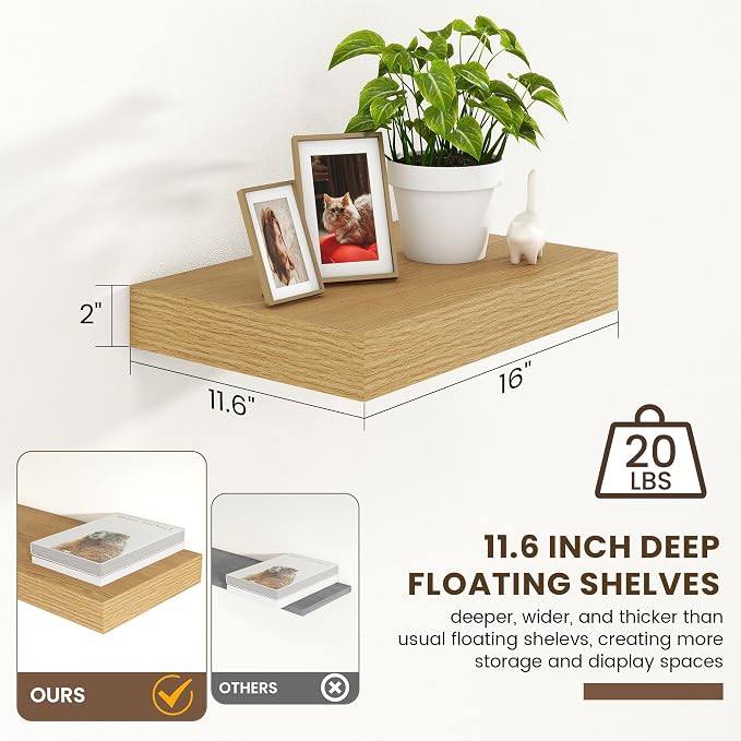 FLYJOE 12 Inch Deep Floating Shelves, 16'' Oak Floating Shelves Set of 2 | 12'' Deep Shelves for Wall, 16'' x 12'' Rustic Oak Shelves for Living Room Bathroom Kitchen Bedroom