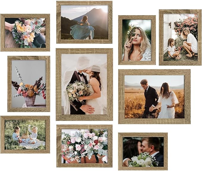 LUCKYLIFE Picture Frame Set 10-Pack, Gallery Wall Frame Collage with 8x10 5x7 4x6 Frames in Natural Woodgrain Finishes