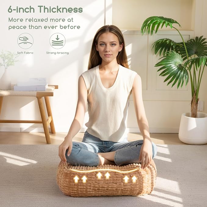 HIGOGOGO 6" Floor Pillow Cushion for Adults, Meditation Cushion Pillow, Blended Corduroy Cover, Large Square Floor Sitting for Tatami Living Room or Yoga, 2Pack, Coffee