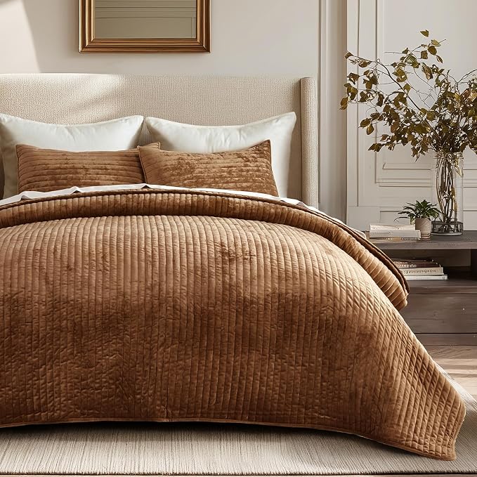 EverGrace Velvet Quilt Set California King 118'' x 106'', Luxurious Soft Striped Channel Bedding Set, Lightweight Velvet Comforter for All Season, Oversized Bedspread Coverlet w/ 2 Shams, Dark Brown