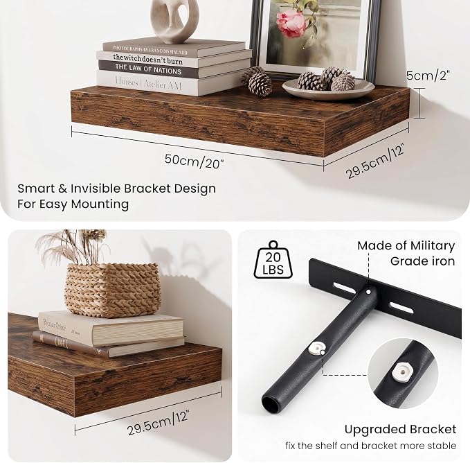 Fun Memories Wood Floating Shelves 20 Inch, 12 Inch Deep Shelves Wall Mount, Wall Shelves with Invisible Bracket, 20" Floating Shelves for Living Room Bathroom Bedroom, Rustic Brown, Set of 2