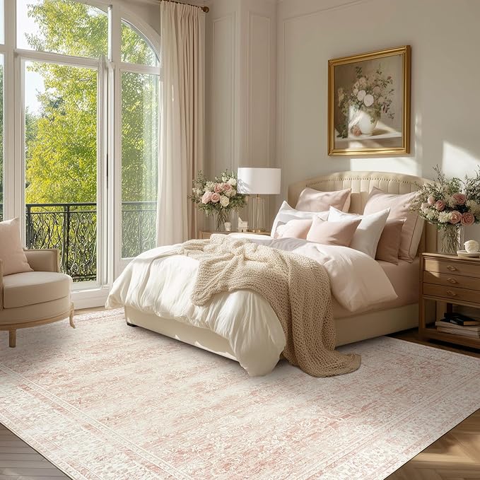 BILEEHOME Light Pink Nursery Rug for Baby Girl Neutral Blush Pink Boho Floral Pattern Carpet 5 x 8 Washable Non Slip Low Pile Soft Surface Area Rugs for Living Room Bedroom Playroom,5x8