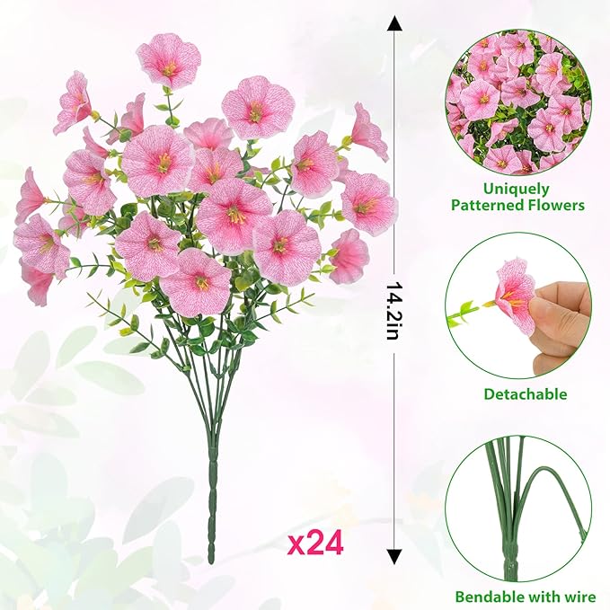 Ouddy Decor 24 Bundles Artificial Flowers for Outdoors, Fake Petunias Flowers Silk Morning Glory with Eucalyptus Faux Plants for Indoor Outside Spring Summer Yard Garden Porch Home Decor, Pink