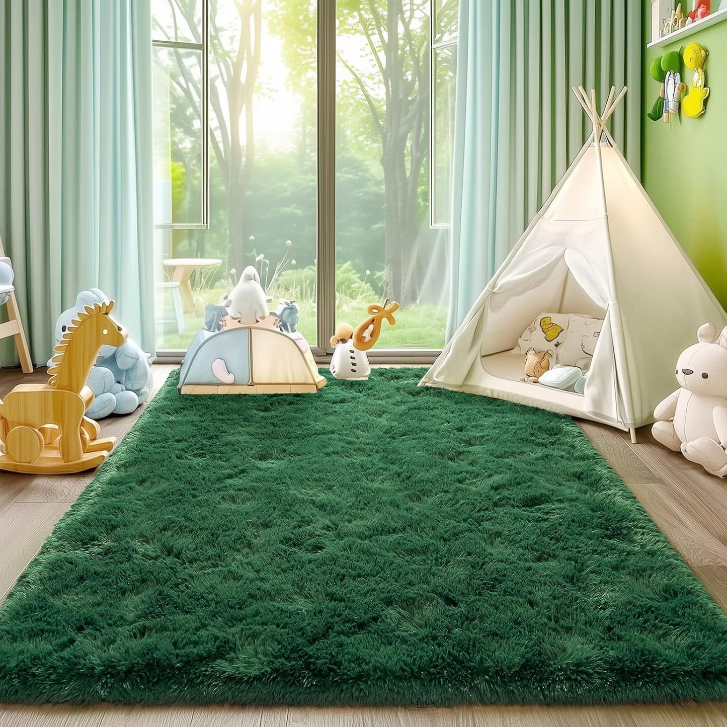 Rezutan Modern Shaggy Area Rug - Super Soft Fluffy Non-Slip Living Room Bedroom Rug for Kids Nursery, Classroom, Bedside Decor, Blackish Green, 4 X 6Feet