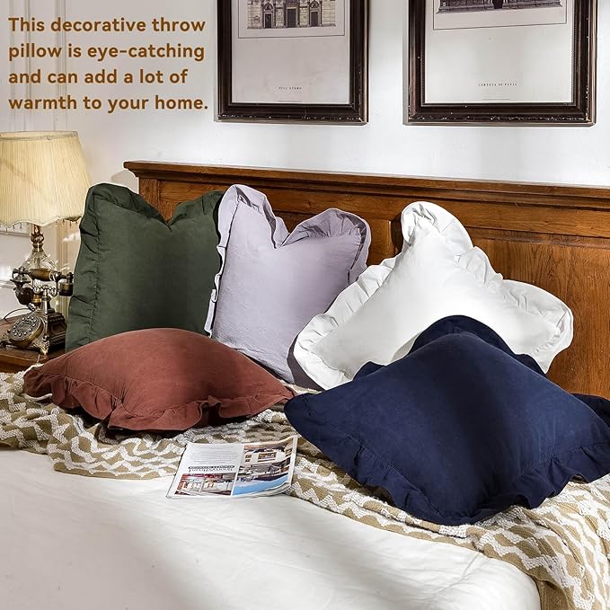 AmHoo Pack of 2 Throw Pillow Covers 100% Cotton Pre Washed Ruffle Decorative Pillowcase Cushion for Couch Sofa Bedroom 16 x 16-Inch Cream White