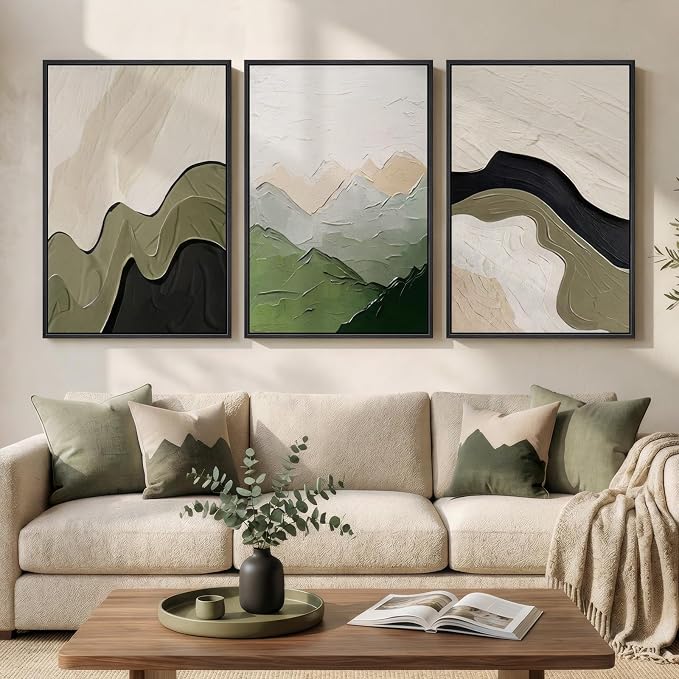 Framed Green Abstract Wall Art for Living Room, 3 Piece Large Neutral Black and Beige Artwork for Walls, Modern Minimalist Abstract Canvas Prints Paintings for Bedroom Home Office Wall Decor, 24x36 In