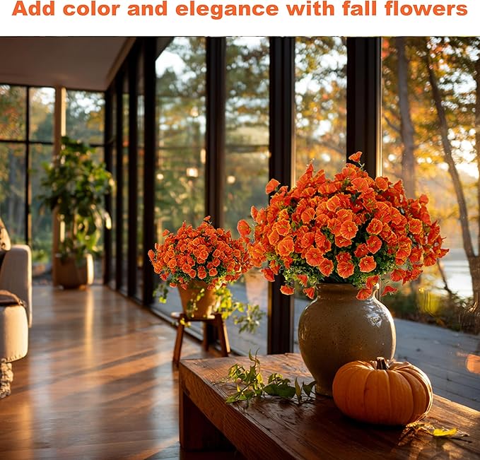 AXYLEX Artificial Fall Flowers Outdoor Fake Mums - 16 Bundles Fake Plants UV Resistant No Fade Faux Plastic Greenery Garden Morning Glory Home Decor (1, Orange)