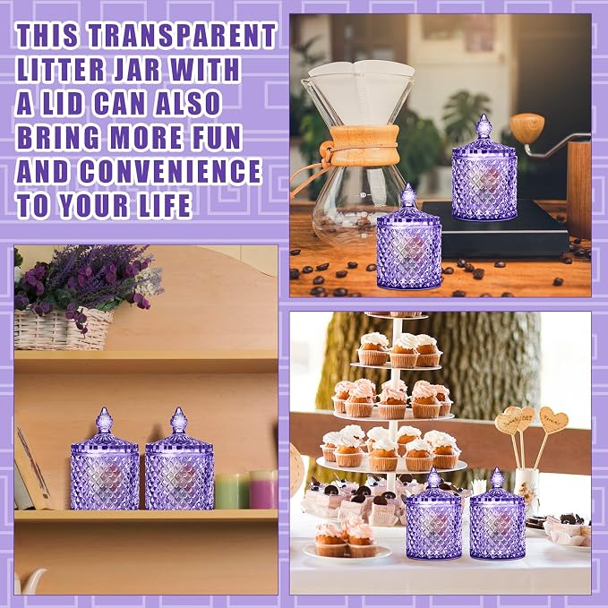 Aoriher 4 Pcs Crystal Glass Candy Jar Set with Lids Home Decorative Storage Jars for Apothecary, Bathroom, Kitchen, and Pantry, Ideal for Cotton Swabs and Jewelry(Medium,Light Purple)