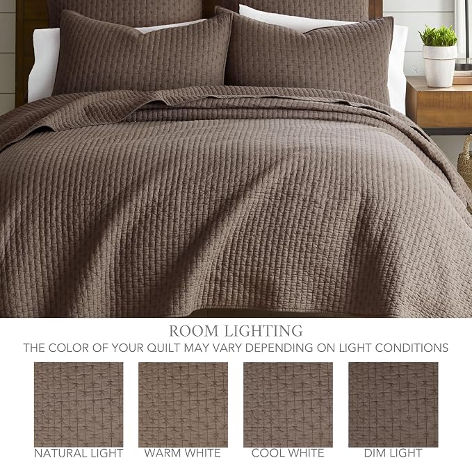 Levtex Home Cross Stitch Reversible King/Cal King Quilt Set (106x92in) with 2 Pillow Shams (36x20in) - Stitch Texture - Cocoa - Cotton King Size Quilt Bedding Set - Lightweight, Soft, Pre-Washed