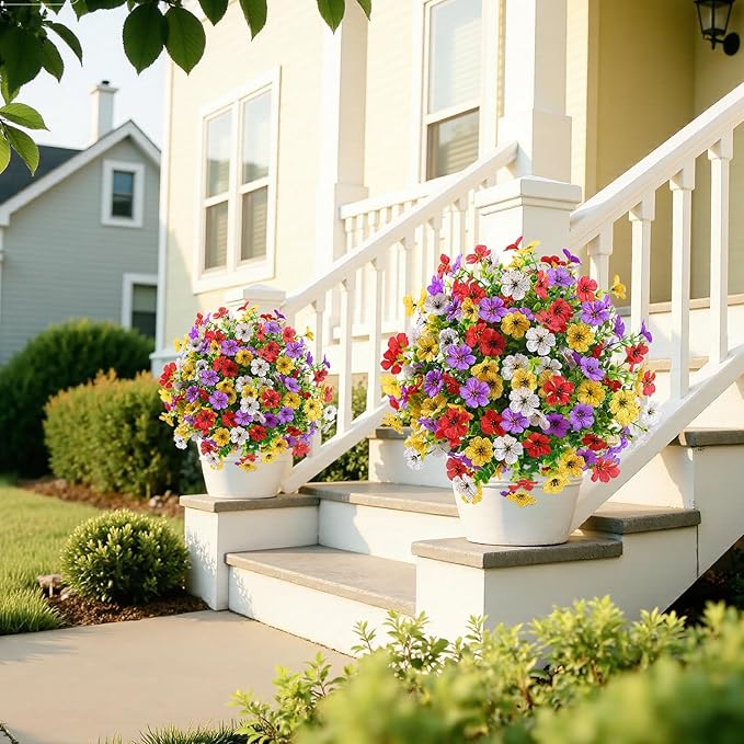 Alupssuc 2Pcs 20" Artificial Topiary Ball Flowers, Spring Outdoor Decoration with Spike, UV Resistant Faux Summer Plants, Faux Bushes Plants, Red Purple Yellow White for Garden, Porch & Patio Decor