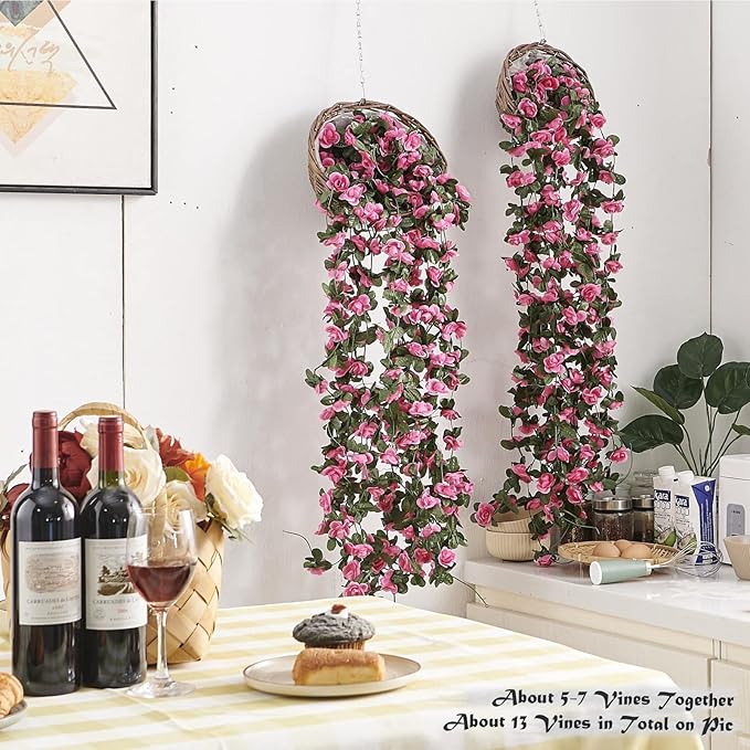 PONKING 8 Pcs x 8.2 ft Flower Garland Artificial Rose Vine Flowers with Green Leaves Hanging Fake Roses Vine for Room Party Home Wedding Birthday Christmas Wall Arch Decor, Spring Magenta Flower