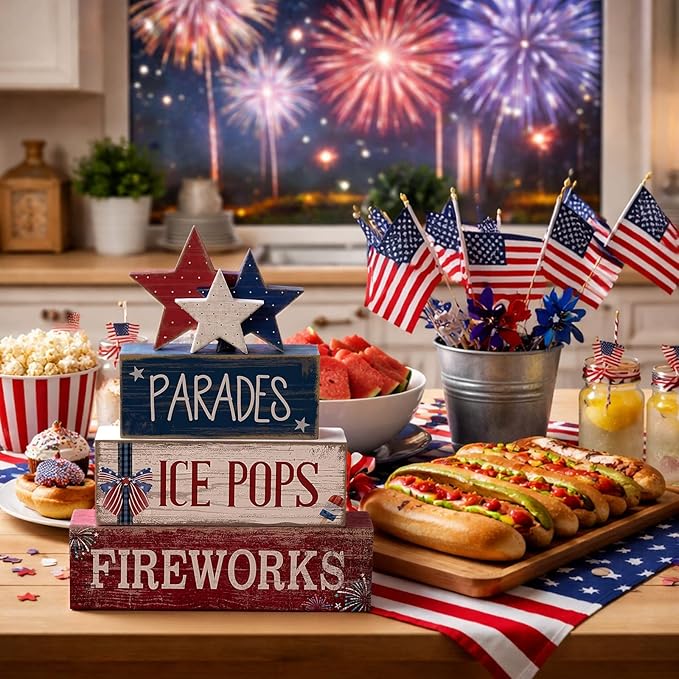 4 Pcs 4th of July Decorations Patriotic Tiered Tray Decor Memorial Day Tabletop Decoration Red White Blue Table Centerpieces Parades Star Decorative Trays for Tiered Tray Home Shelf 250th Anniversary