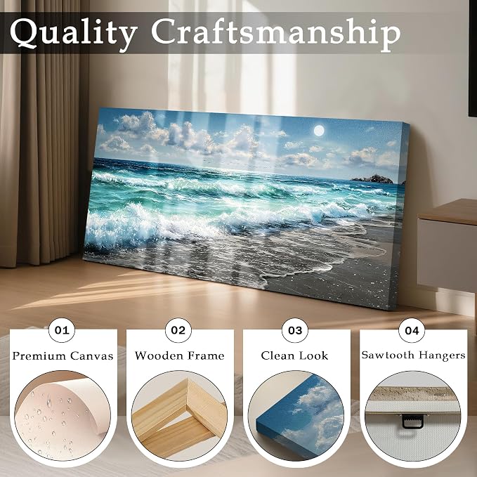 imjiayu Large Ocean Canvas Wall Art, Realistic Wave Seascape Painting, Coastal Beach Sunburst Wall Decor for Living Room Bedroom Office Home Decor, 24" x 48"