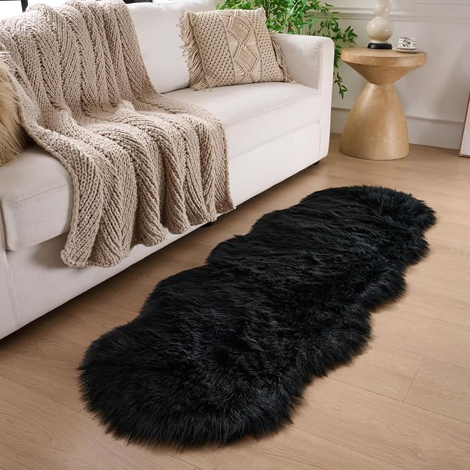 Faux Fur Sheepskin Runner Rug Black 2x6 ft Ultra Soft Shaggy Plush Fluffy Fuzzy Area Carpet Decorative Chair Cover Floor Mat for Bedroom Sofa Living Room Bedside