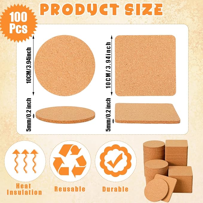 Yaomiao 100 Pcs Cork Coaster Bulk 4 Inch Wooden Coaster Set for Drink Tea Coffee Blank Absorbent Heat Resistant Reusable Home Table Round Square Friend Warm Gift DIY Craft Cafe Kitchen