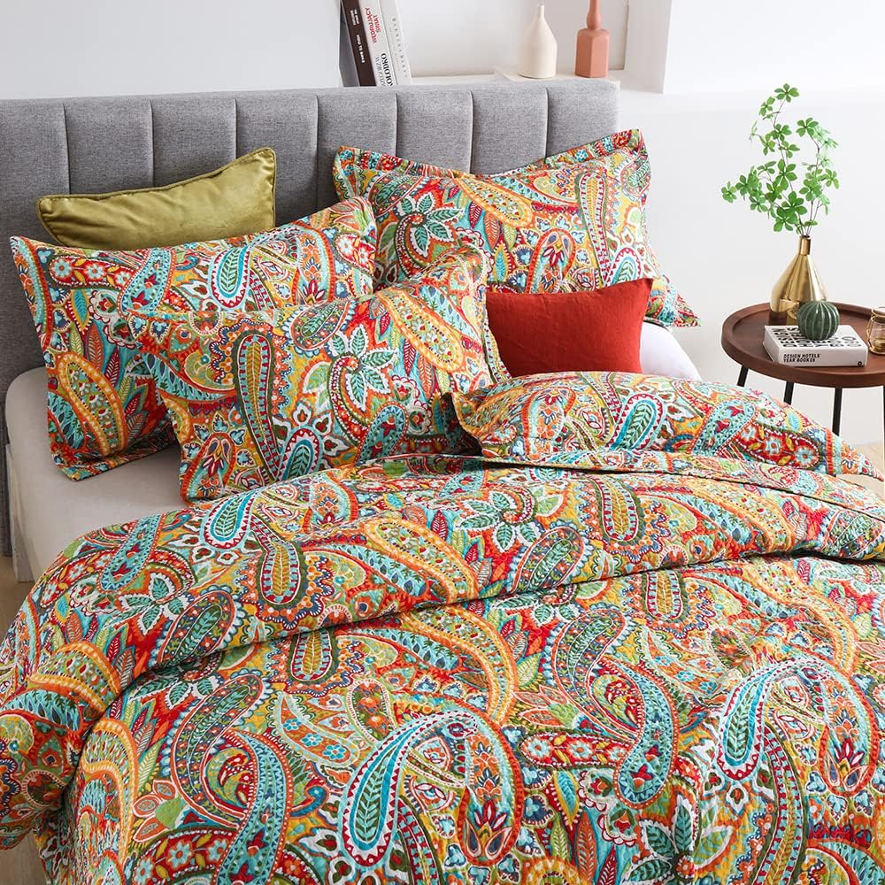 Autumn Dream Cotton Bedspread Quilt Sets, 3 Pieces Reversible Comforter Coverlet Sets, Yellow Gorgeous Paisley,Queen Size