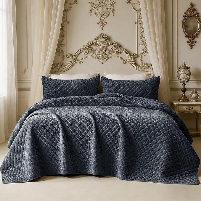 Velvet Oversized King Quilt Size Set 120x120 Luxury Ultra Soft Bedspread Coverlet 3-Piece King Comforter Sets with 2 Pillow Shams 20x36 Cozy All Seasons Velvet Bedding Set, Blue Gray
