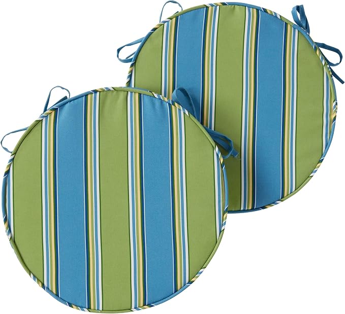 Set of 2 Outdoor 18 inch Round Patio Dining Chair Pads – Comfortable Fiber-Filled Seat Cushions with Ties, Reversible Polyester Fabric, Cayman Stripe