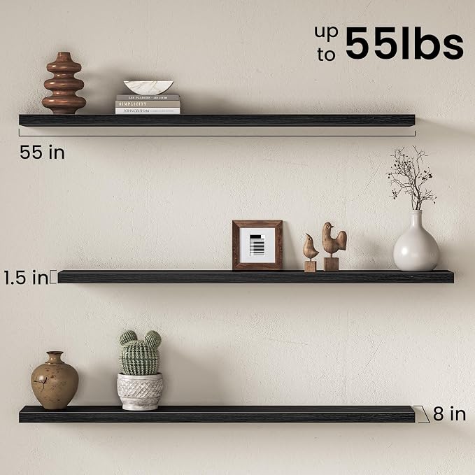 Fun Memories 55 Inch Floating Shelves for Wall, 8 Inch Deep Rustic Wood Wall Mounted Shelves with Invisible Brackets for Bathroom, Bedroom, Kitchen & Living Room Storage Decor, Black, 2 Pack