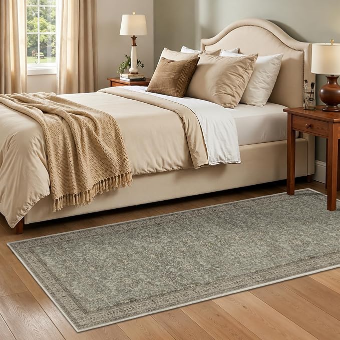 Neutral 2x6 Washable Runner Rug Non Slip, Transitional Modern Faromhouse Carpet Runners for Hallway Kitchen 6ft, Low Pile Ultra Thin Print Entryway Runner for Bathroom Bedroom, Gray/Beige/Olive