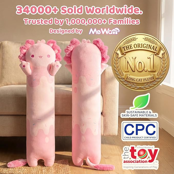 Mewaii Long Axolotl Plush 5 Sizes, 120% Extra Filling Giant Plushness Kids Body Pillow, Kawaii Cute Pink Axolotl Stuffed Animals Plushies, Big Long Body Pillow Cat Plush Gift for Girls 44”