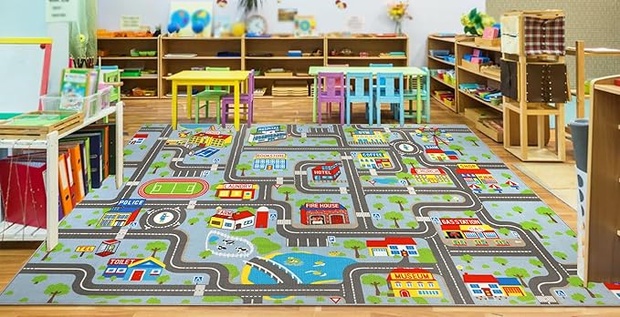 Capslpad Sky Blue Car Road Kid Rug Carpet Playmat for Playoom Traffic Road Kids Play Mat for Toddler Non Slip Washable City Map Race Track Carpet Rug for Kids Room Playroom Classroom Decor,6.6'x9.8'