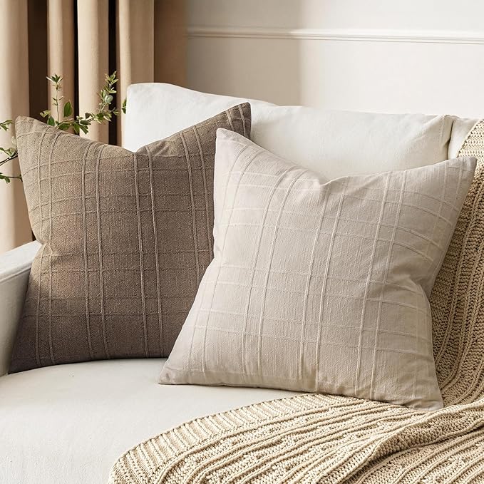 MIULEE Decorative Linen Check Throw Pillow Covers Neutral Farmhouse Vintage Pillow Covers 16x16 Set of 2 Boho Modern Home Decor for Sofa Couch Bedroom Cushion Natural Beige