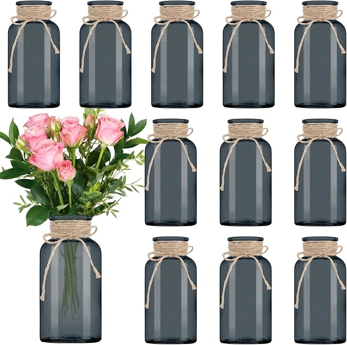 Vintage Glass Flower Vase, Farmhouse Glass Centerpiece Vases Mason Jars for Weddings, Parties & Home Decor Bulk (12, Black)
