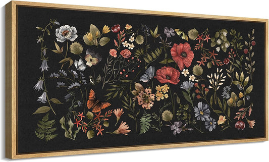 MUDECOR Extra Large Framed Canvas Print Wall Art Midnight Garden Vintage Floral Illustrations Antique Retro Fine Art Illustrations Decorative Colorful for Bedroom - 60"x30"