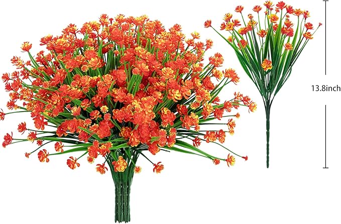 Ouddy Decor 12 Bundles Artificial Flowers for Outdoors UV Resistant Fake Plastic Plants Faux Greenery Stems for Spring Summer Indoor Garden Patio Window Box Kitchen Home Decor, Orange