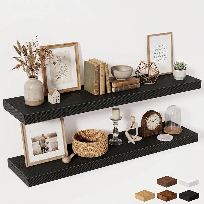 Fun Memories 55 Inch Floating Shelves for Wall - 12 Inch Deep Fireplace Mantel Shelf - Wood Floating Shelf for Wall - Large Storage Shelves Wall Mount for Living Room & Bedroom - Black - Set of 2