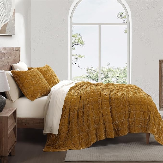 HiEnd Accent Stella Faux Silk Velvet Double Box Stitch 3 Piece Quilt Set, King Size, Saffron Solid Color, Classic Chic Modern Rustic Elegant Bedding Set, Lightweight Bed Set