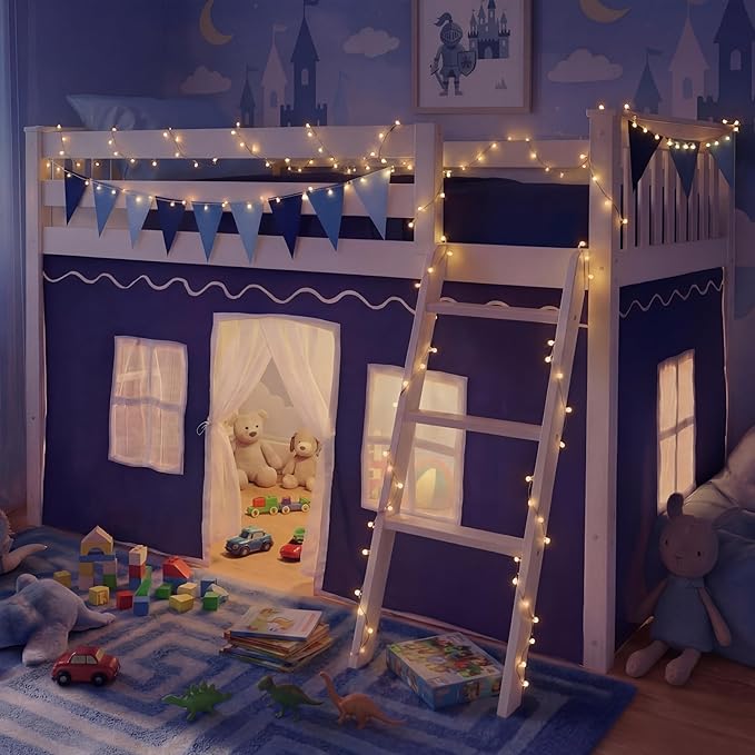 Breling 3 Panel Bunk Bed Curtains for Bottom Loft Bed Tent Set with Felt Flag Double-Layer Twin Bunk Curtains Playhouse Accessories for Boy Girl Bedroom(Blue and White)