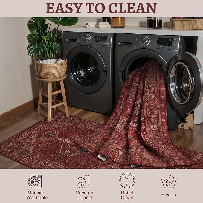 Tangsoo Red Boho 6x9 Area Rug Washable Rug for Living Room, Vintage Indoor Non Slip Large Area Rugs, Oriental Print Carpet, Soft Low Pile Foldable Floor Rug for Bedroom Dining Room Dorm Dark Red