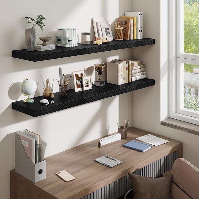 Fun Memories 55 Inch Fireplace Mantel Shelf, 10 Inch Deep Shelves for Display & Wall Storage, Rustic Wood Wall Shelf, Extra Long Floating Shelves for Living Room Laundry Room, Black, Set of 2