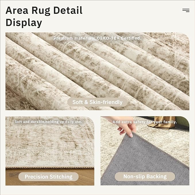 Soalmost 6x9 Area Rug for Living Room Floral Washable Non-Slip Modern Rugs for Bedroom Dinning Room Ultra-Thin Indoor Brown