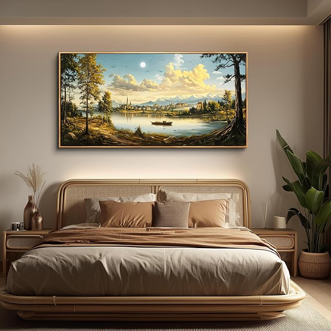 XIGUANGART Large Framed Wall Decor, Landscape Wall Art, Ocean Nature Wall Art, Mountain Forest Canvas Art Prints,Vintage Rustic Farmhouse Wall Decor Paintings for Living Room Bedroom Kitchen 60"X30"