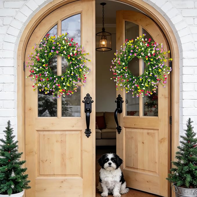 Spring Wreaths for Front Door, 22 Inch Farmhouse Colorful Cottage Wreath, 252 Silk Artificial Carnation Floral with Plastic Greenery Green Leaves Hanging for Porch, Home Summer Decorations