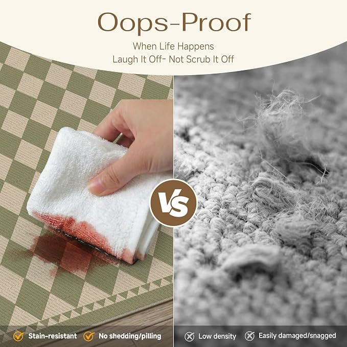 HUGEAR 3'x5' Green Outdoor Rug Waterproof Patio Linen-Look Checkered Outside Floor Mat Carpet for Deck Porch Balcony Backyard Camping RV Picnic Beach Area Rug Home Decor