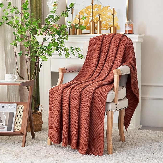 Longhui bedding Chunky Cable Knit Throw Blanket Lightweight Rust 100% Organic Cotton Blanket for Sofa Couch Bed Baby Nursery, Rustic Shabby Chic Modern Farmhouse, 51” x 63” Give Laundering Bag