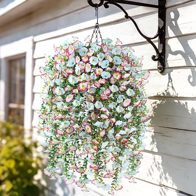 Artificial Hanging Flowers with Basket, 480 Blooms UV Resistant Faux Morning Glory Silk Plants, Fast & Easy Assembly Fake Hanging Baskets for Outdoor Porch Patio Garden Decor, Blue&White