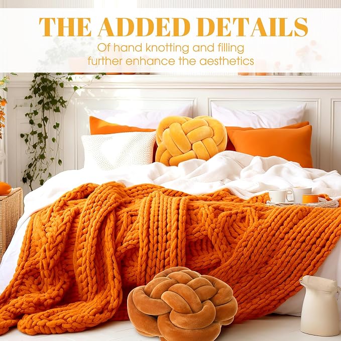 Beeveer 2 Pcs Knot Pillow Balls Set, 12 Inch Soft Decorative Throw Knot Pillow Ball, Large Square Knotted Floor Cushion for Living Room Bedroom Sofa Couch Bed Home Decoration (Caramel Brown, Turmeric)