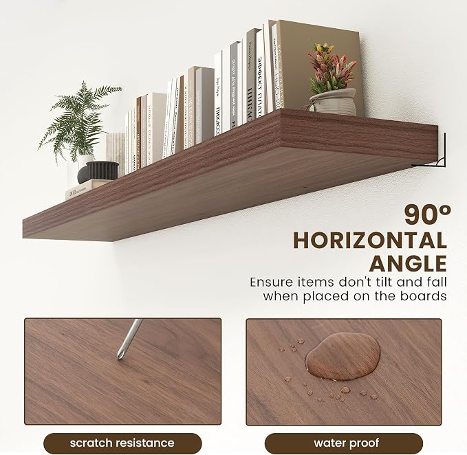 FLYJOE 72 Inch Floating Shelf, 12'' Deep Walnut Shelf for Wall Set of 1 | 72'' x 12'' Rustic Wood Shelves for Farmhouse Living Room Bathroom Kitchen Laundry Room