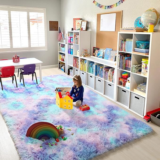 PAGISOFE Cute Kawaii Rugs for Girls Bedroom, 5x8 Rainbow Purple Area Rug, Soft Fluffy Shag Rug for Girls Room Baby Kids Playroom Nursery Classroom Plush Furry Mermaid Rug, Fuzzy Pastel Colorful Carpet