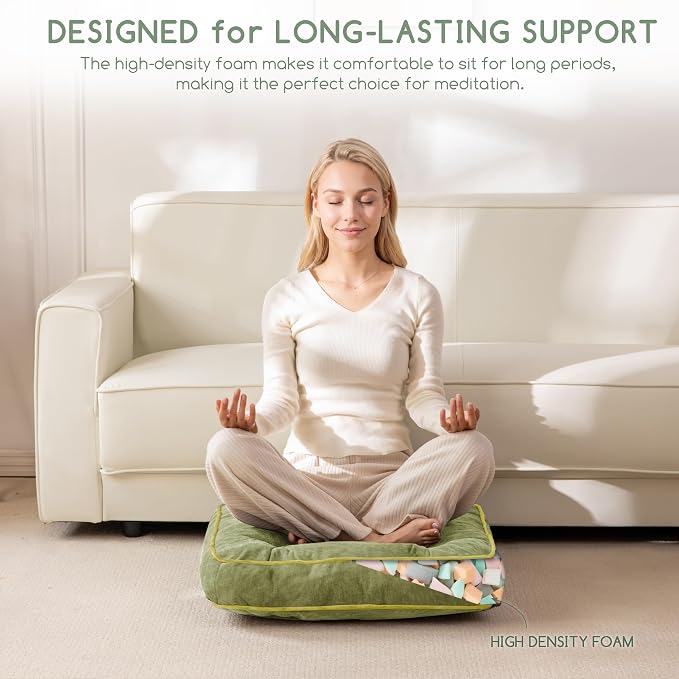 HIGOGOGO Large Floor Pillow Cushion for Adults, Meditation Cushion Pillow with Handle, Lustrous Chenille Tufted, Square Floor Sitting for Tatami Living Room or Yoga, 22x22 Inch, Green