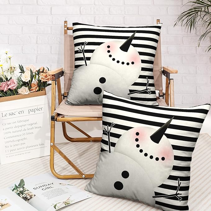 Winter Snowman Decorative Pillow Covers 16x16 Two Sides Print Cold Throw Pillow Covers Black and White Stripes Pillow Protectors for Living Room Couch Sofa Car Set of 2