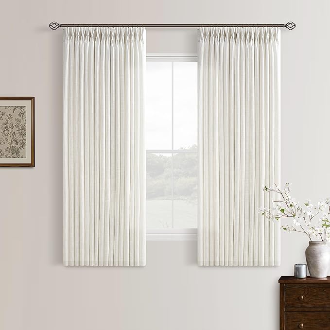 Pinch Pleated Linen Curtains 54 Inch Long for Kitchen with Rings Hooks Back Tab Light Filtering Boho Farmhouse Short Semi Sheer 54 Inch Cream Curtain for Dining Room Bedroom Small Window W50xL54