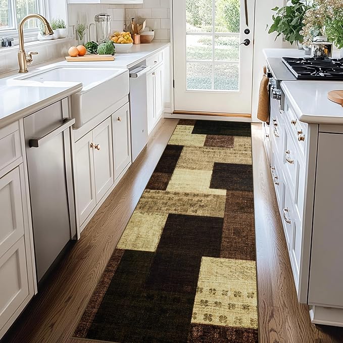 Modern Geometric Patchwork Indoor Runner Rug for Living Room, Warm Taupe 2.7'x 8' Rug Rockwood Collection Hardwood Floors Decor for Bedroom, Taupe Throw Carpet for Office Entryway Dining Room