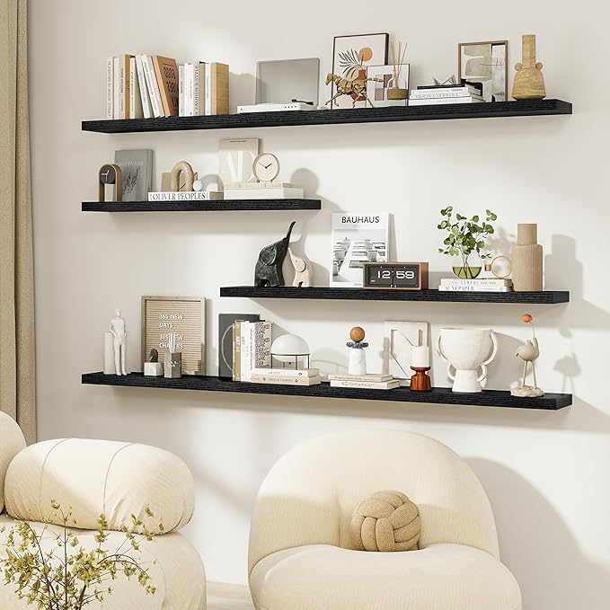 Dreamland 36Inch Floating Shelves for Wall, Rustic Wooden Black Floating Shelves for Bathroom|Bedroom|Kitchen, Deep Wall Mounted Book Shelf, Wood Storage Display Shelf for Home Decor, Set of 2