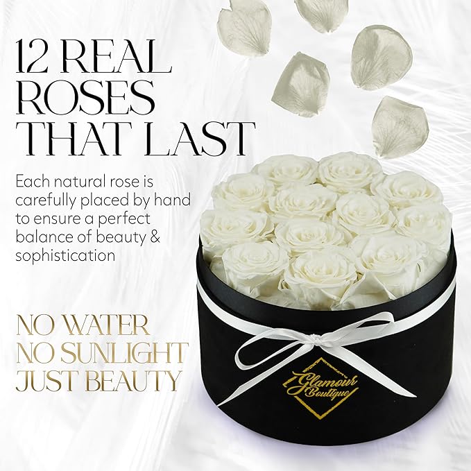 GLAMOUR BOUTIQUE Flowers Forever Gift Box, 12 Real Preserved Roses in Velvet Black Box, Floral Gift for Her, Mom or Wife for Birthday, Mother’s Day, Anniversary or Graduation, White (Color-Treated)